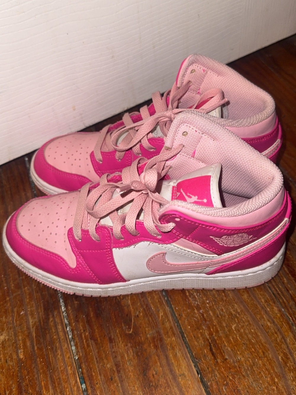 Hot pink and Light Pink Kids’ high top Jordans
